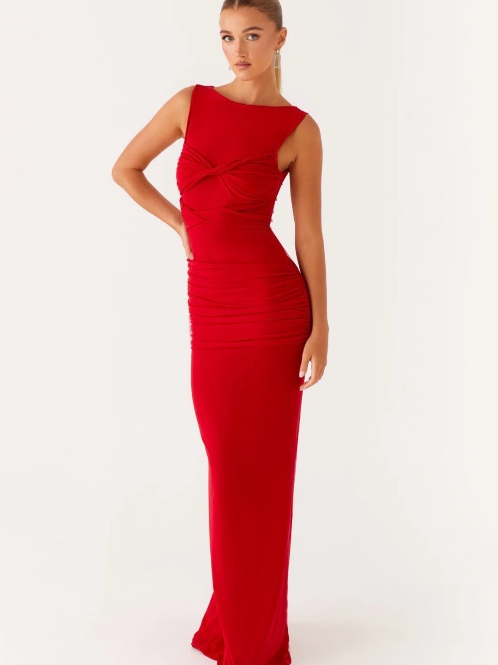Peppermayo Red Sleeveless Ruched Maxi Dress